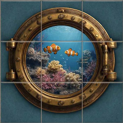 decorative tile mural with Submarine porthole and clownfish 