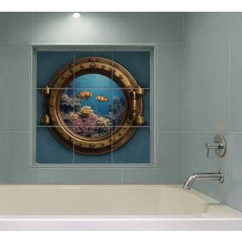 decorative tile mural with Submarine porthole and clownfish 