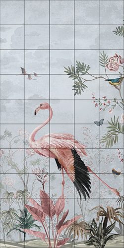 Flamingos and tropical birds among pastel plants – elegant tile mural
