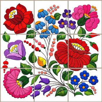 Ceramic tile with traditional Hungarian Kalocsa embroidery floral pattern