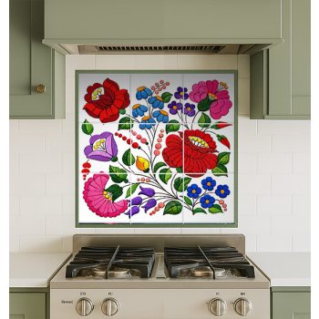 Ceramic tile with traditional Hungarian Kalocsa embroidery floral pattern