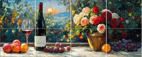 csempe naplemente, bor és rózsa mintával