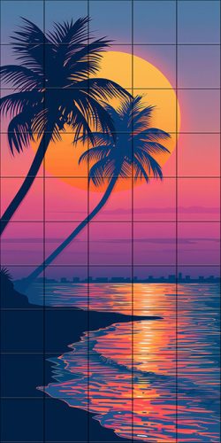 Tile mural - Beach and palm tree in the sunset