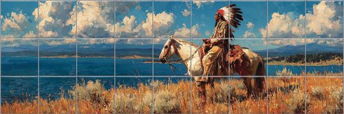 indián férfi lóháton a tóparton, vadnyugati tájat ábrázoló kerámia dekorcsempe