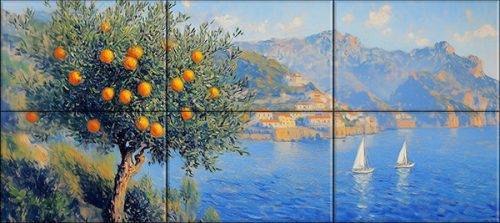 Mediterranean Tile Mural – Orange Tree & Seaside Town