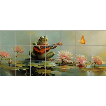 Tile mural with guitar-playing frog, water lilies, and butterfly Tile mural with guitar-playing frog, water lilies, and butterfly