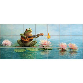 Tile mural with guitar-playing frog, water lilies, and butterfly
