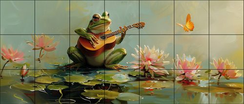 Tile mural with guitar-playing frog, water lilies, and butterfly