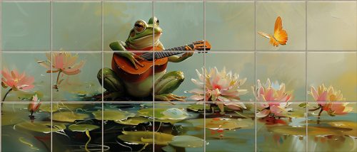 Tile mural with guitar-playing frog, water lilies, and butterfly