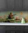Tile mural with guitar-playing frog, water lilies, and butterfly