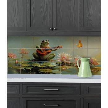 Tile mural with guitar-playing frog, water lilies, and butterfly