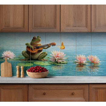 Tile mural with guitar-playing frog, water lilies, and butterfly