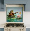 Tile mural with guitar-playing frog, water lilies, and butterfly