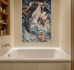 Tile mural with Japanese warrior fighting a giant koi fish in stylized waves