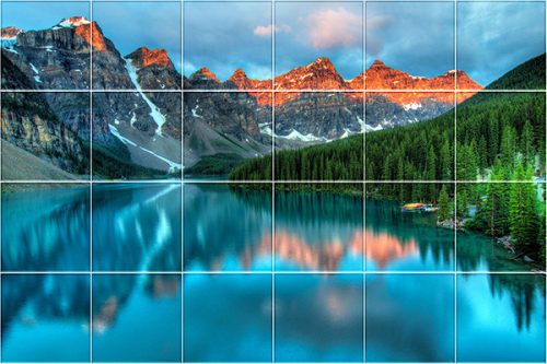 Tile mural of Moraine Lake and mountain peaks – decorative ceramic tile