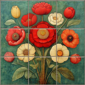 Csempe stilizált pipaccsal, tulipánnal, krizantémmal és más virágokkal zöld háttérrel
