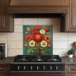 Kitchen tile mural with stylized poppies, tulips, chrysanthemums, and other flowers on green background