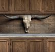 Tile mural with longhorn skull and wooden background