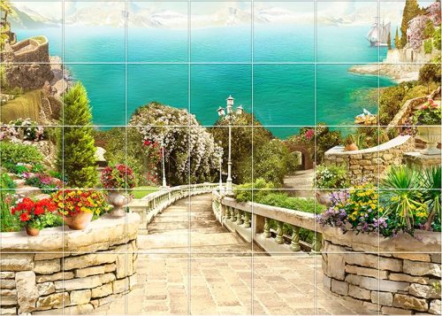 Mediterranean Tile Mural with Sea View and Stone Staircase