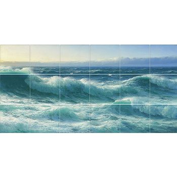 Tile mural with stormy sea waves, seagulls and dramatic sky – ocean-inspired ceramic tile  Tile mural with stormy sea waves, seagulls and dramatic sky – ocean-inspired ceramic tile