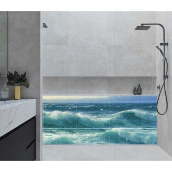 Tile mural with stormy sea waves, seagulls and dramatic sky – ocean-inspired ceramic tile
