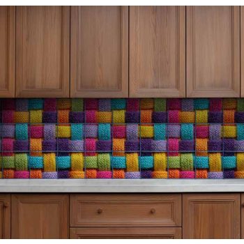 Színes fonalmintás dekorcsempe csempekép sárga kék zöld narancs rózsaszín lila színekben