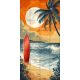 Tropical sunset with surfboard, full moon and palm trees