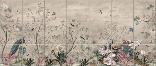 Ceramic tile mural with peacock, tropical birds, butterflies and blooming branches