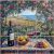 Impressionist ceramic tile mural with mediterranean landscape with rose arch, red wine bottle, fruit basket, grapes, and vineyards overlooking the sea
