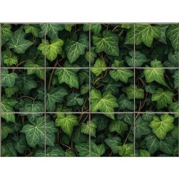 Tile mural covered in ivy leaves with dense green botanical pattern