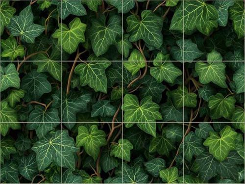 Tile mural covered in ivy leaves with dense green botanical pattern