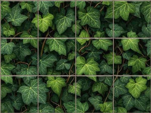 Tile mural covered in ivy leaves with dense green botanical pattern