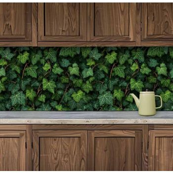 Tile mural covered in ivy leaves with dense green botanical pattern