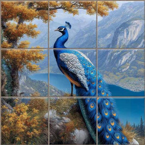 Tile mural with peacock, mountain landscape and lake