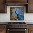 Tile mural with peacock, mountain landscape and lake