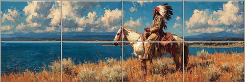 Native American man on horseback by the lake – western-style ceramic tile mural