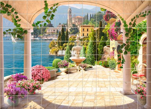 Mediterranean Tile Mural with Terrace, Fountain and Lakeside Town
