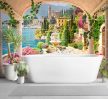 Mediterranean Tile Mural with Terrace, Fountain and Lakeside Town