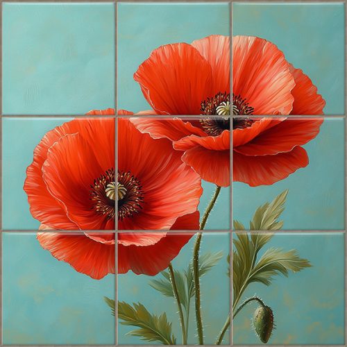 Poppy tile mural with red flowers on light blue background