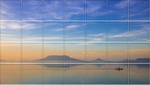 Kerámia csempekép Badacsonyról, naplementéről és csónakosról a Balatonon