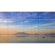 Ceramic tile mural of Badacsony at sunset with a rowing boat and lake reflections