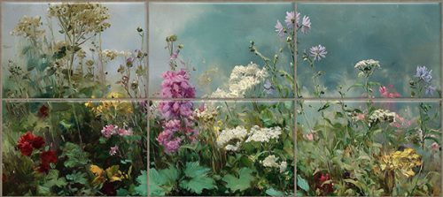 Wildflower ceramic tile mural with purple, red, white and yellow flowers, green leaves and blue sky background