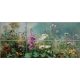Wildflower ceramic tile mural with purple, red, white and yellow flowers, green leaves and blue sky background