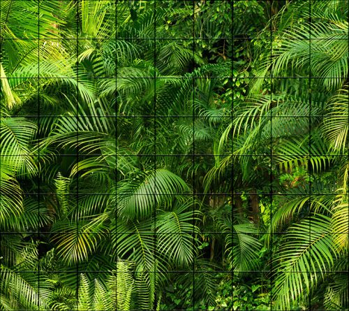 Dense green jungle with palm leaves and ferns – tropical tile mural