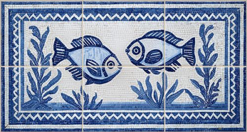 Blue and white Mediterranean fish mosaic decorative tile
