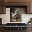Tile mural with colorful bouquet of flowers in a vase