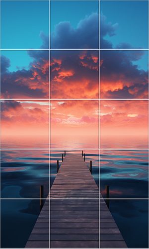 Tile mural with wooden pier and vibrant sunset clouds – modern decorative ceramic tile