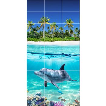 Tropical dolphin bathroom tile mural with coral reef and palm island
