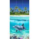 Tropical dolphin bathroom tile mural with coral reef and palm island