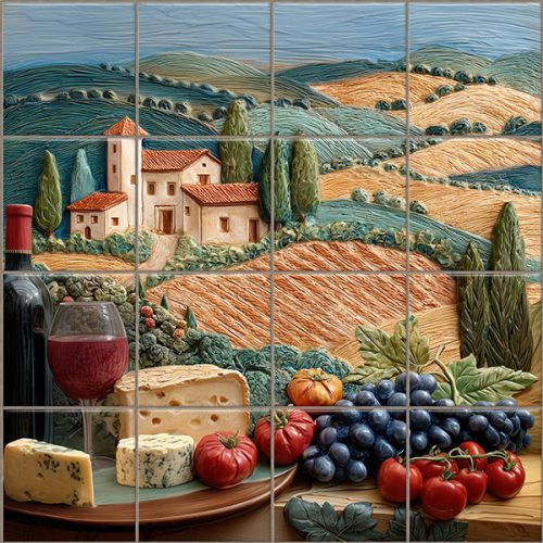 Tile mural with Tuscan landscape, grapes, tomatoes, cheese and wine